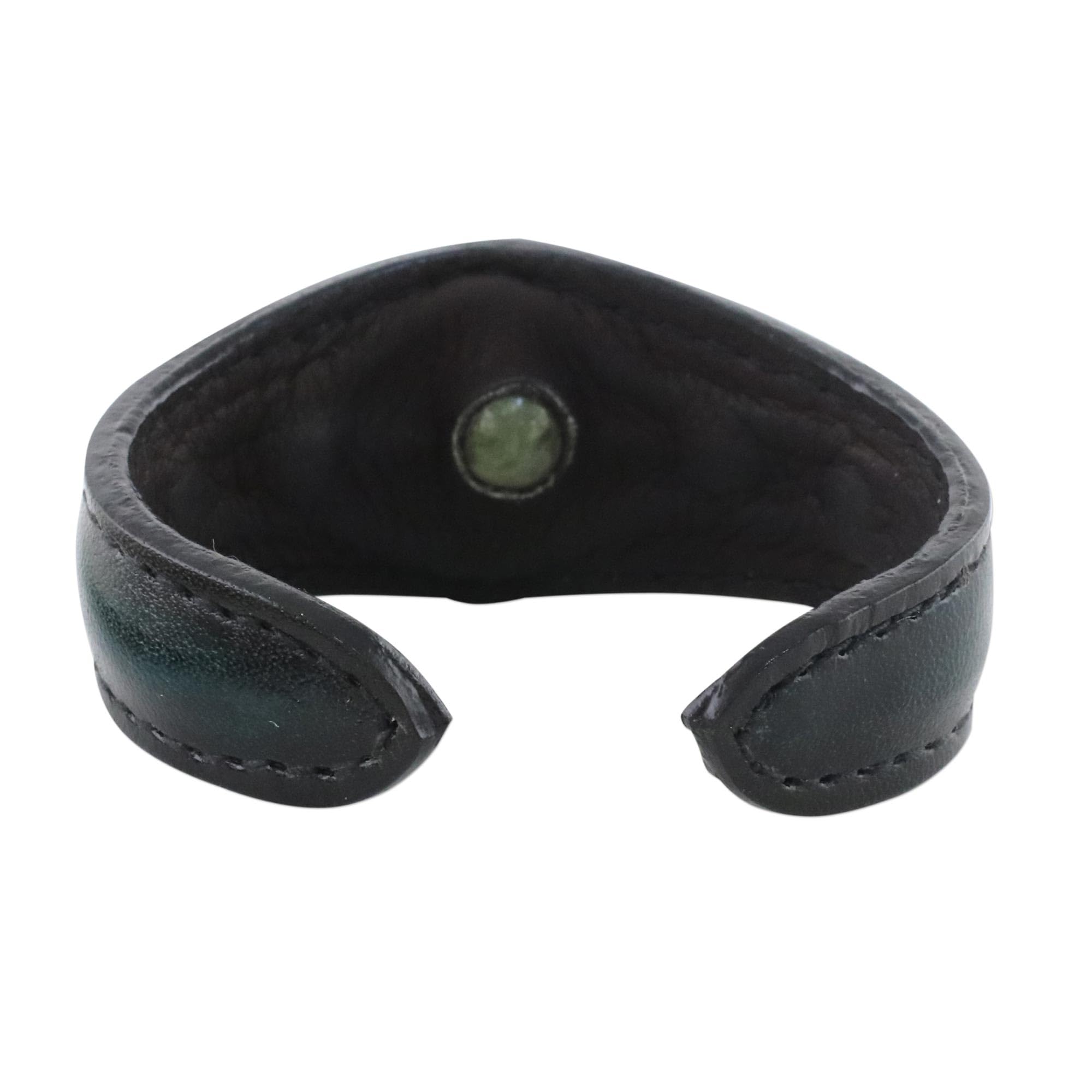 NOVICA Handmade Agate Cuff Bracelet Green Leather Black Thailand Birthstone [7 in L (end to End) x 1.2 in W] 'Green Moss Power'