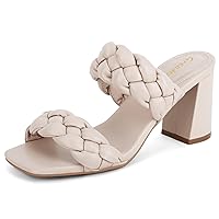 Greatonu Women's Braided Heeled Sandals Square Open Toe Summer Heels Slip On Dressy Sandals with Chunky Heel 3.35 Inch