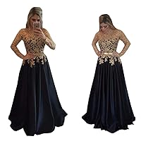 Gold Lace Applique Pearls Prom Formal Dress Evening Gowns Long Illusion Sleeves A line Satin 2023