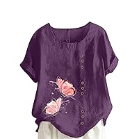 Button Up Tshirts Shirts for Women Short Sleeves Linen Blouse Top Round Neck Flower Printing Tunic T-Shirts Fashion Tees