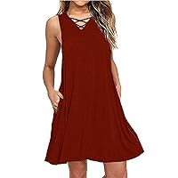 Women's V-Neck Glamorous Solid Color Sleeveless Knee Length Beach Swing Dress Casual Loose-Fitting Summer Flowy