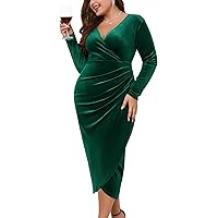 ZOMVA 2023 Plus Size Velvet Wrap Dress Ruched Bodycon Dress Long Sleeves Ruffle Long Elegant Party Wedding Guest Cocktail