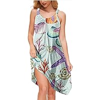 Summer Casual Dresses for Women Sleeveless Midi Dress Swing Tank Sundress Boho Beach Dress Floral Loose T-Shirts Dress