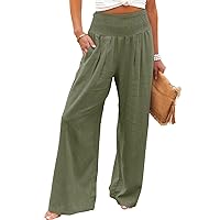 Rvidbe Wide Leg Pants Women Work, Womens Summer Beach Pants Loose Solid Trousers Elastic Flowy Lounge Pants with Pockets