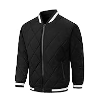 Jackets for Men - Men Striped Trim Baseball Collar Zipper Quilted Coat (Color : Black, Size : Medium)