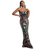 Dresses for Women Dress Women's Dress Geo Pattern Backless Mermaid Hem Sequin Tube Evening Gown Dress (Color : Multicolor, Size : Small)