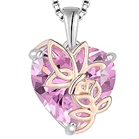 YL Rose Heart Necklace for Women 925 Sterling Silver cut 12 Birthstone Cubic Zirconia Butterfly Pendant Neckalce Jewellery Gifts for Her Wife Girlfriend