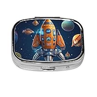 Cartoon Spaceship Rocket Print Pill Box with 2 Compartment Round Pill Case Portable Travel Pillbox Small Medicine Organizer for Pocket Purse Vitamins