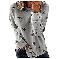 Women's Fashion Crewneck Sweatshirts, Plus Size Star Printed Long Sleeve Comfy Loose Fit Blouses Tops for Ladies