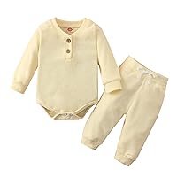 Boy Clothe Newborn Infant Baby Girls Boys Winter Long Sleeve Solid Shirt Tops Pants 2PCS Outfits (Beige, 6-12 Months)