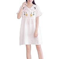 Women's Casual Loose Embroidered Flowers Summer Knee Length Midi Linen Dresses