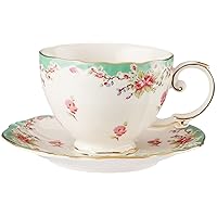 Gracie China by Coastline Imports Green Gracie China Vintage Rose Porcelain 7-Ounce Tea Cup and Saucer Set of 4, 4 Count (Pack of 1)