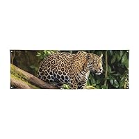 2 x 6 Ft Polyester Banners Flag Jaguar Cat on Tree Trunk Waterfall Photography Backdrop Banner Signs with Hanging Ropes Background Banner for Wall Signs Party Decor Flag Photo Props