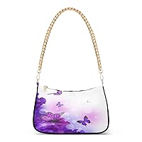 Shoulder Bags for Women Purple Butterflies Flowers Hydrangeas Iris Hobo Tote Handbag Small Clutch Purse with Zipper Closure