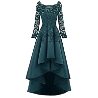 NOVIA Women's Short Fornt Long Back Scoop Lace Prom Homecoming Dresses Long Sleeves Beaded A line Evening Party Ball Gown