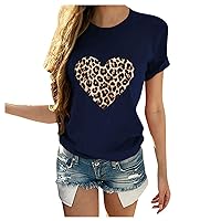 Women's Leopard Heart Graphic Tops Cute Summer Short Sleeve T-Shirt Fashion Print Casual Slim Blouses Y2K Tee Top