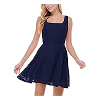 Womens Juniors Lace Overlay Above Knee Fit & Flare Dress Navy 1
