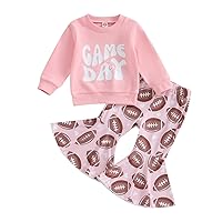 Sasaerucure Toddler Baby Girl Game Day Outfits Long Sleeve Shirts Letter Sweatshirt with Football Flare Pants 2Pcs Set