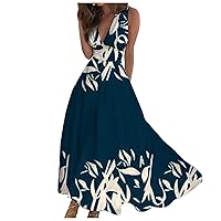 Boho Dress for Women, Beach Vacation Dresses Empire Waist Dress for Women 2024 Sleeveless Summer Dress V Neck Maxi Womens Trendy Retraction Printed Casual Boho Fashion Waist Long (Dark Blue,Small)