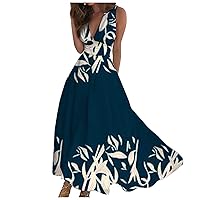 Womens Spring Maxi Dress 2024 Sexy Deep V Neck Sleeveless Trendy Floral Print Flowy Beach Dress