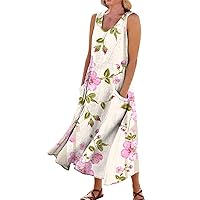 Trendy Summer Dresses for Women 2024 Bohemian Dress for Women 2024 Floral Print Casual Loose Fit Linen with Sleeveless U Neck Pockets Dresses Pink Medium