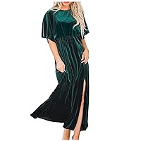 Velvet Dress for Womens Formal Loose Short Sleeve Maxi Dresses High Split Cocktail Party Evening Dress for Wedding Guest 2024