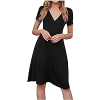 Women's Casual Loose-Fitting Summer Beach V-Neck Glamorous Dress Swing Solid Color Flowy Short Sleeve Knee Length