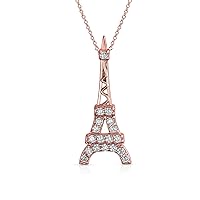 Bling Jewelry Cubic Zirconia Pave CZ France French Eiffel Tower Pendant Necklace For Women Teen Rose Gold Plated .925 Sterling Silver