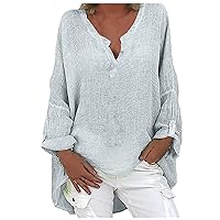 Cotton Linen Womens Tops Dressy Casual Solid Color Long Sleeve Shirt Tee V Neck Baggy Fall Spring Cloth Vacation