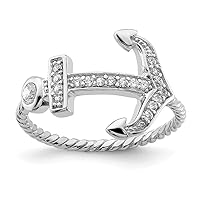 925 Sterling Silver Solid Open back Polished and Textured CZ Cubic Zirconia Simulated Diamond Nautical Ship Mariner Anchor Ring Jewelry for Women - Ring Size Options: 6 7 8