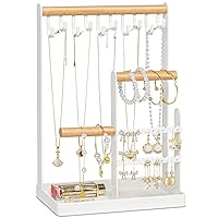metwoods Jewellery Organiser Stand-4 Tier Earring Organiser Necklace Holder, Jewellery Display Stand Holder with Metal Storage Tray, for Necklace Bracelet Rings Watches, Gifts for Women Girls (White)