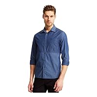 Kenneth Cole Mens Pieced Chambray Button Up Shirt, Blue, Small