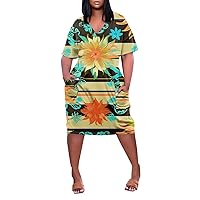 Plus Size Dress Womens Fashion Short Sleeve Summer Knee Trendy V-Neck Ladies Pocket 2024 Printed Loose Dress