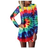 LATINDAY Loose Casual Short/Long Sleeve Tie Dye Ombre Swing T-Shirt Tunic Dress Hot Pink