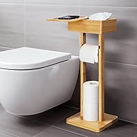 4-in-1 Toilet Paper Holder, Bamboo Toilet Paper Roll Holder, Toilet Paper Holder Stand with Shelf and Storage Box, Toilet Wipes Dispenser Organizer for Bathroom & Toilet Spare Rolls Storage