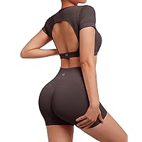SUUKSESS Open Back Short Sleeve Scrunch Butt Booty Shorts Seamless Ribbed Workout Sets 2 Piece Outfits