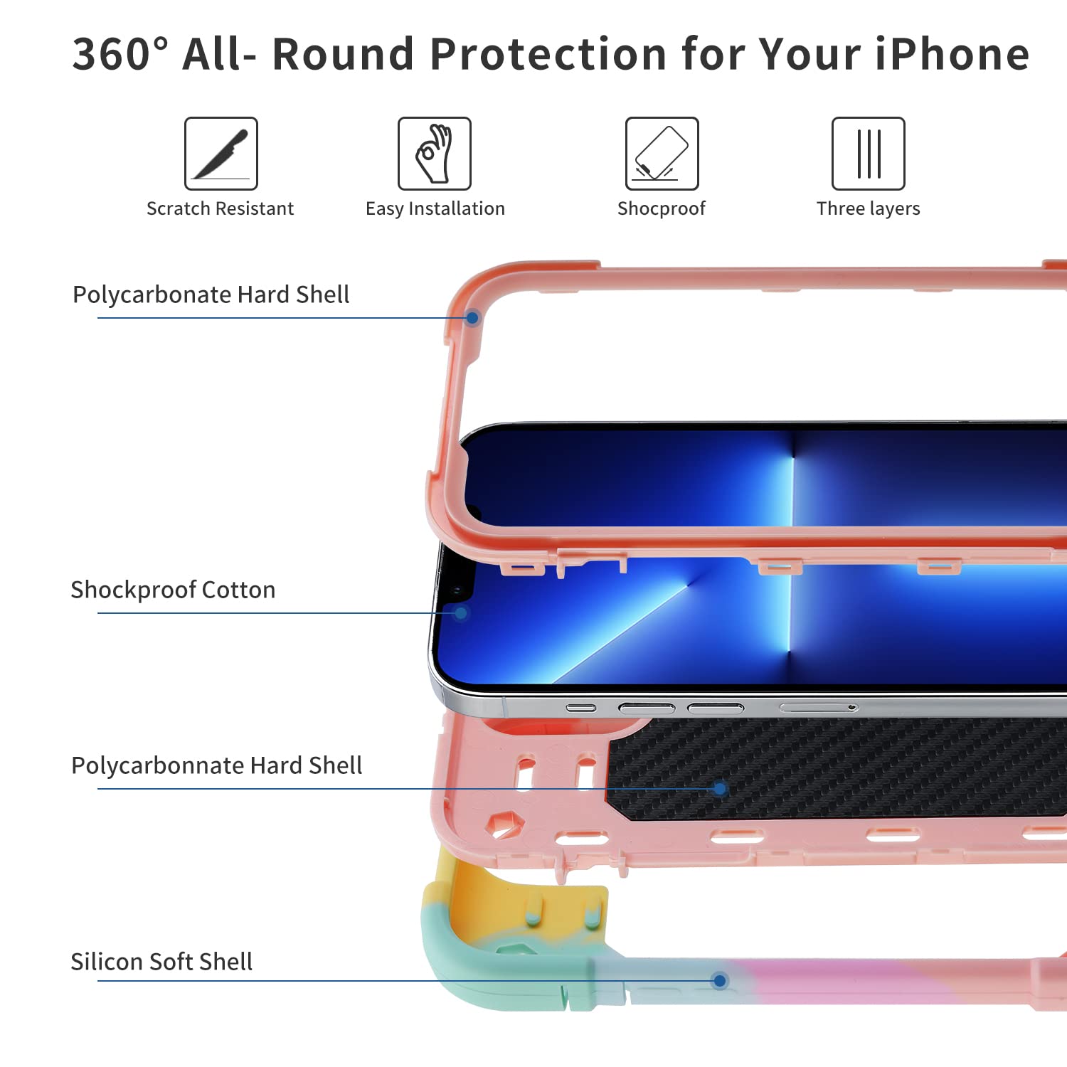 MARKILL Compatible with iPhone 13 Pro Max Case 6.7 Inch with Ring Stand, Heavy-Duty Military Grade Shockproof Phone Cover with Magnetic Car Mount for iPhone 13 Pro Max. (Rainbow Pink)