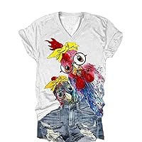 Women's Fun Chicken Print V-Neck T-Shirt Summer Short Sleeve Cute Animal Pattern Tees Tops