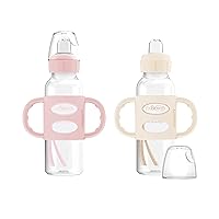 Milestones Narrow Sippy Spout Bottle with 100% Silicone Handles, Easy-Grip Handles with Soft Sippy Spout, 8oz/250mL, Light-Pink & Ecru, 2-Pack, 6m+