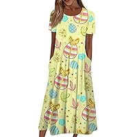 Dresses for Women 2024 Summer Casual Fashion Easter Printed Short Sleeve Round Neck Dress with Pocket