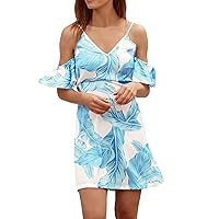 Sexy Suspender with Ruffle Sleeves V Neck Printed Dress, S, XXL