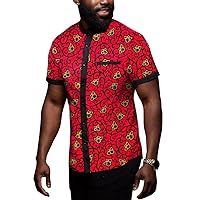 African Men`s Shirts Dashiki Tops Print Shirt Blouse Short Sleeve Button Pocket Slim Fit