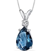 PEORA London Blue Topaz with Diamond Pendant for Women 14K White Gold, Natural Gemstone Birthstone Teardrop Solitaire, Pear Shape, 10x7mm, 2 Carats total