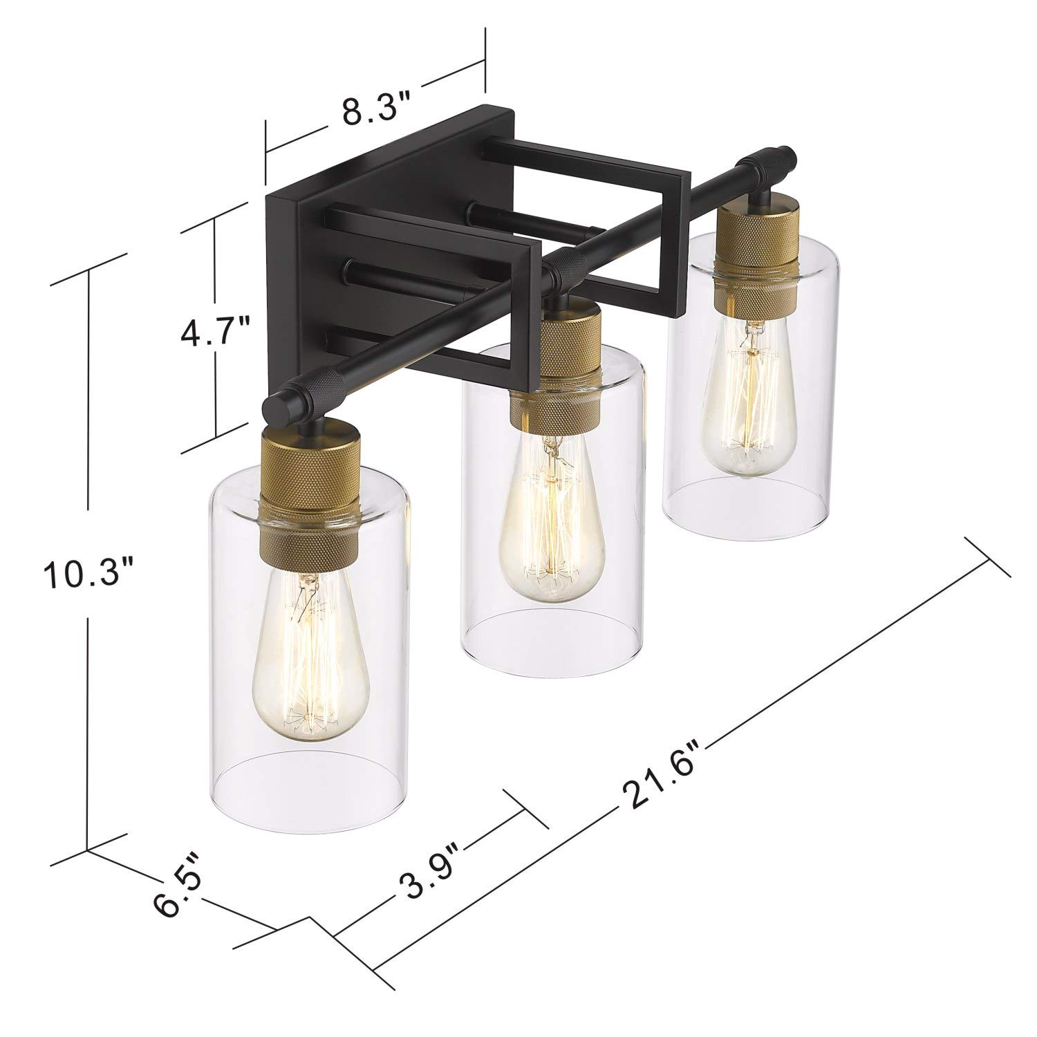 zeyu 3-Light Vanity Wall Light, Vintage Vanity Light Fixture for Bathroom Kitchen 22 Inch, Black and Antique Gold Finish with Clear Glass Shade, 1102-3 BK+AG