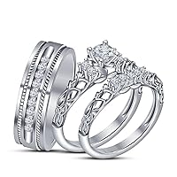 1.70 Ctw D/VVS1 Diamond Bridal Trio Rings Wedding Set For His and Her,Engagement Ring Band Set 14K White Gold Plated 925 Sterling Silver