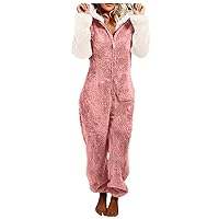 Color Block Fleece Onesie Pjs Women Plush Jumpsuit 2023 Winter Cute Sherpa Fuzzy Pajama Zipper Plush Hooded Romper