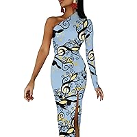 Musical Tree Notes Women's One Shoulder Long Sleeve Dress Sexy Slit Bodycon Wedding Party Maxi Dresses