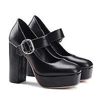 LEHOOR Women Chunky High Heel Round Toe Loafer Pumps Platform Mary Jane Ankle Strap Buckle Ladies Shoes Fashion 4-10 M US