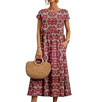 Women's Summer Cotton Linen Floral Printed Short Sleeve Dress Crew Neck Loose Casual Beach Dresses with Pockets