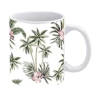 14Oz Coffee Mug Tropical Vintage Hibiscus Flower Palm Tree Palm Leaves Floral White Exotic Jungle Travel Coffee Mug for Living Room Office Classroom